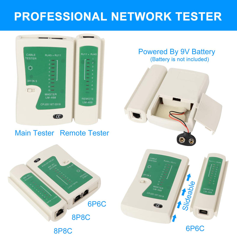 RJ45 Crimping Tool Kit Ethernet Crimp Set, RJ-11, 6P/RJ-12, 8P/RJ-45 Crimp, Cut and Strip with 20PCS CAT5 CAT5e Connectors, Covers,1 Network Cable Tester 1 Wire Stripper JN-1