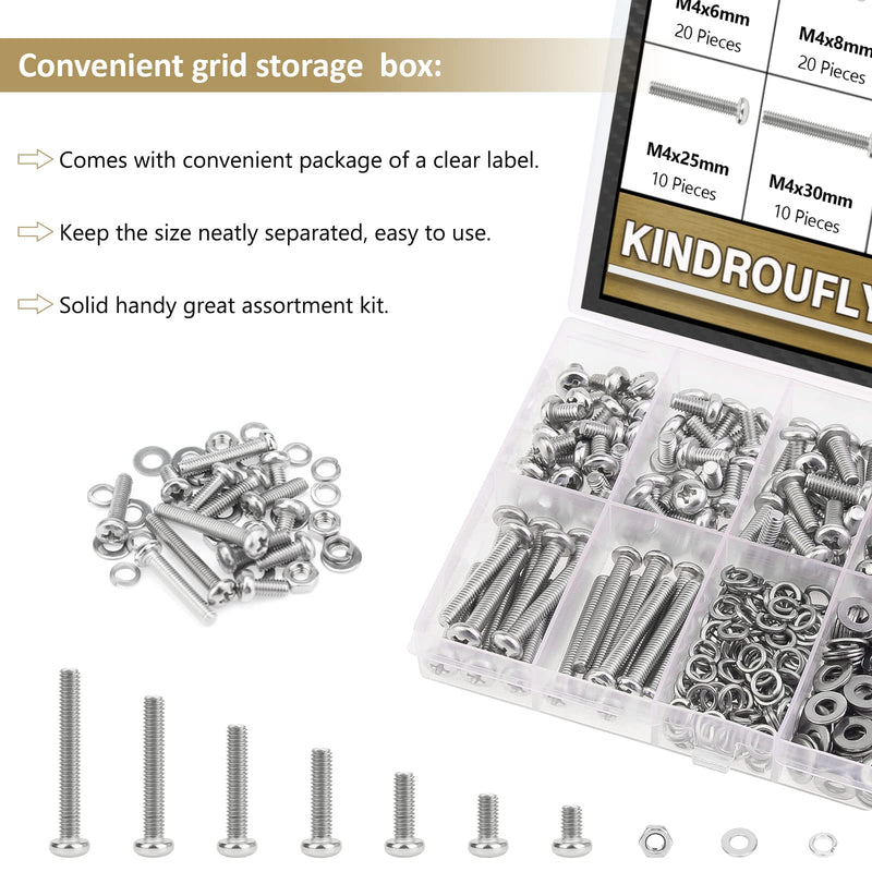 372 Pieces M4 x 6/8 /12/16 /20/25 /30mm Phillips Pan Head Machine Screws Nuts Washers Assortment Kit, 304 Stainless Steel, Fully Machine Thread