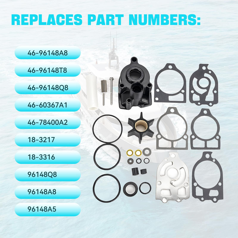 96148Q8 Water Pump Impeller Repair Kit for Mercury Mariner Outboard V6 65-225 HP and Mercruiser MC-1 R MR Alpha One Gen 1 impeller kit Replacement 46-96148A8 46-96148Q8 46-96148T8, 18-3217