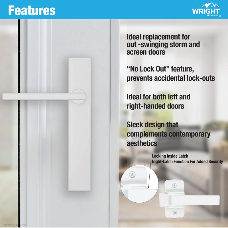 Wright Products Lever Latch Set with No Lock Out Feature, Durable Replacement Latch, Surface Mount Storm and Screen Door Handle for Metal and Wood Doors White Contemporary