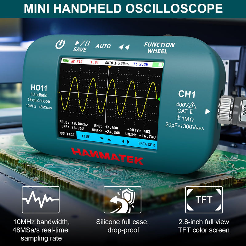 HANMATEK HO11 Handheld Digital Oscilloscope - 10MHz Bandwidth, 48MSa/s High-Precision Sampling, 2.8" TFT Display, USB Rechargeable, Advanced Trigger System, Portable for Fieldwork Professional 10 Mhz