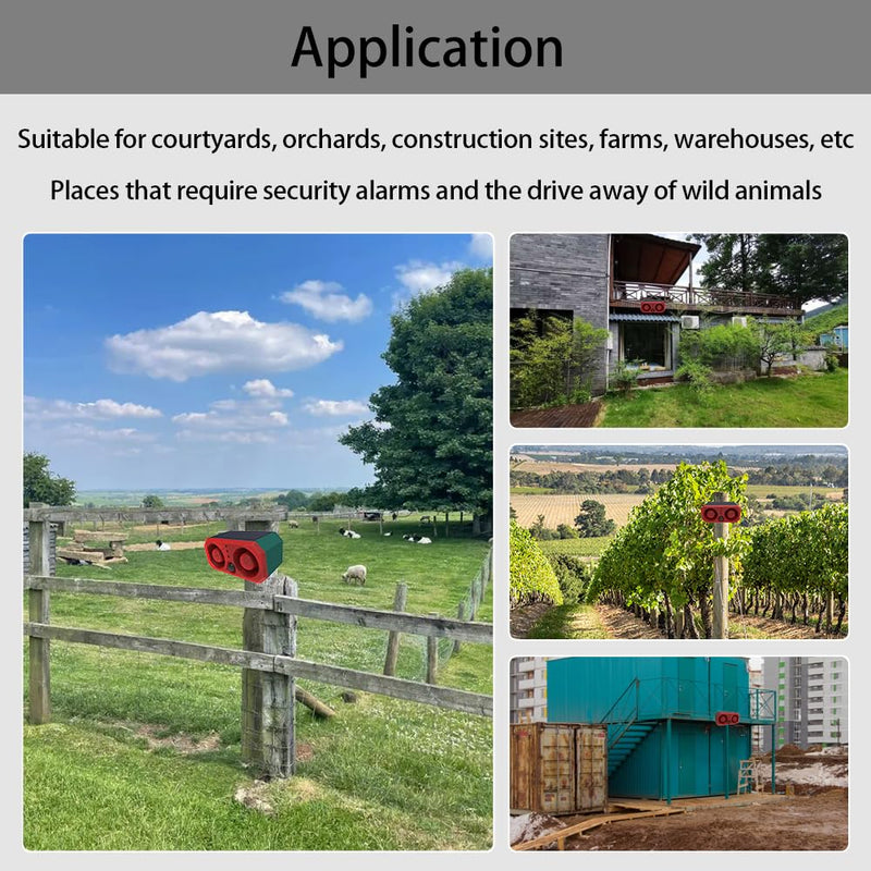 Solar Outdoor Motion Sensor Alarm with 13Sounds, WONFAST 130db Dual Speaker Gunshot Dog Barking Sound Recording and Adjustable Volume Warning Security Strobe Light for Farm Yard Orchard Barn (1PCS) 1PCS