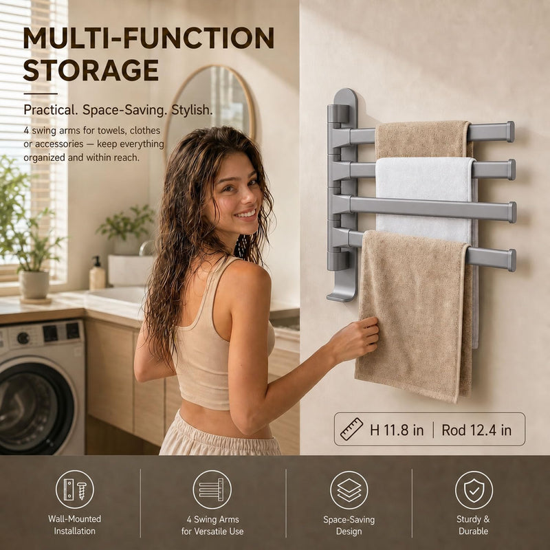 4 Arms Swivel Towel Rack Thicken Towel Holder with Hook Space Saving Towel Bar Wall Mount Swivel Towel Racks for Bathroom Kitchen-Grey Grey 4-arm