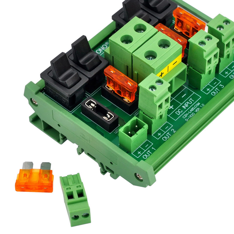 DC Power Distribution Module, Rocker Switch, Fused, Pluggable Top Wiring Terminal Block, DIN Rail and Screw Mount (4 Channel) 4 Channel