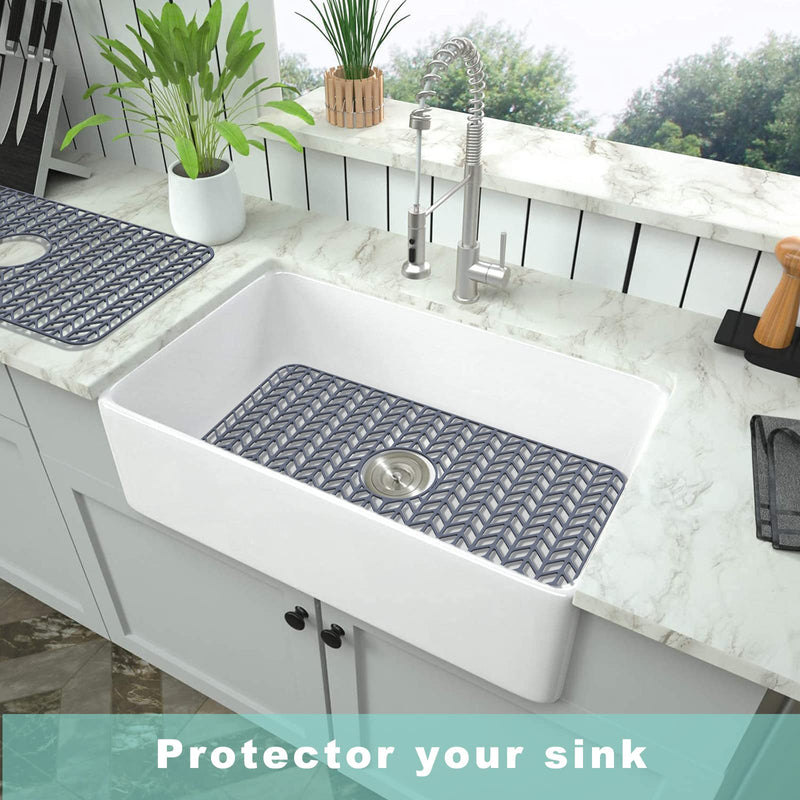 AWOKE Sink Protectors for Kitchen Sink - 26"x 14" Sink Mat - Heat-resistant Easy-clean Silicone Sink Mat - for Protection of Stainless Steel Sink - with Center Drain (Grey) 26"x 14" Center Drain