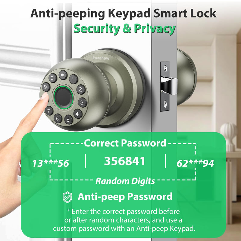 Smart Door Knob Fingerprint Door Lock 4-in-1 Keyless Entry (Fingerprint/App/Code/Key) with Auto-Lock Easy Install for Home/Bedroom/Office-Silver Silver