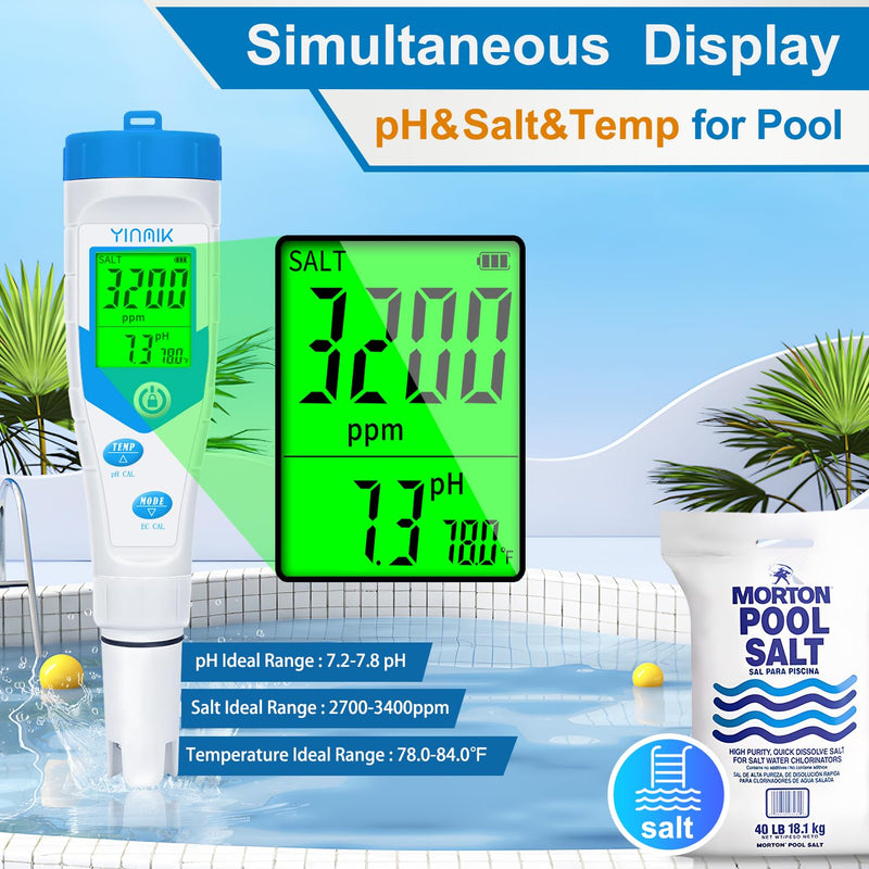 pH Salt Meter for Home, Simultaneous Display of pH TDS for Household Water, 2024 New Upgraded 5 in 1 EC Temp Salt TDS pH Tester for Saltwater Pool,Hot Tubs,Home Brewing,Aquarium, Hydroponics