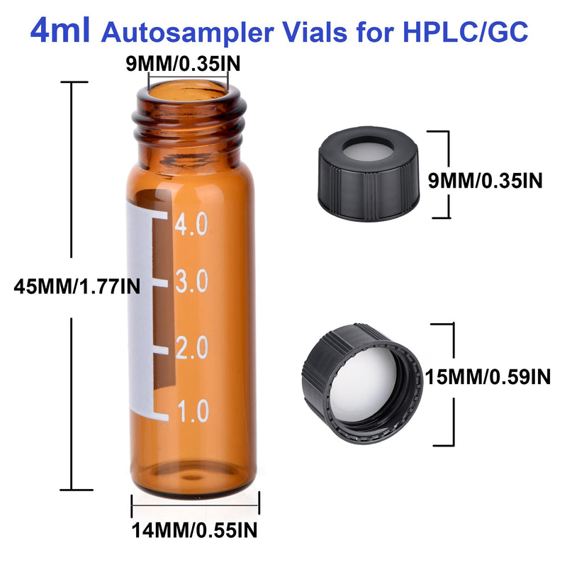 ESHATO 4ML Autosampler Vial, 100 Pack HPLC/GC Vials 9-425 Lab Amber Vials Sample Vial Screw Cap Writing Patch White PTFE and Silicone Septa for LC Stamper Brown