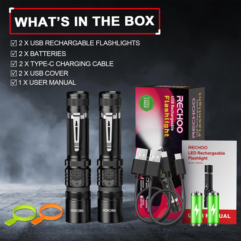 RECHOO Flashlights USB Rechargeable 2 Pack Double Switch S3000L LED Tactical Flashlight High Lumens Super Bright 5 Modes Zoomable Waterproof Flashlight for Camping, Emergency