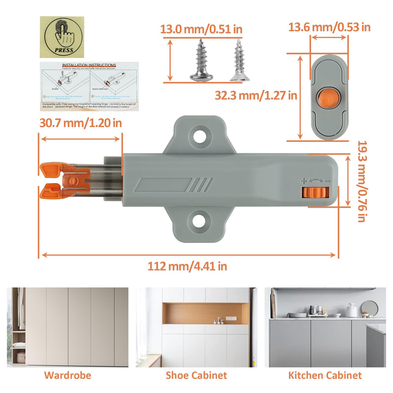 Push to Open Door Latch,2 Pack Non-Magnetic Heavy Duty Push Latch for Hidden Door Push Release Drawer Pull Touch Lock Tip On RV Closet Close Strong Pop Out,Push to Open Cabinet Hardware 2 Gray