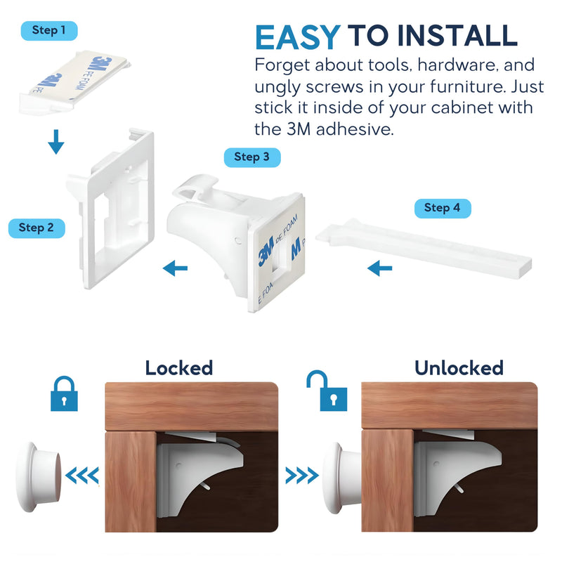 12-Pack Magnetic Cabinet Locks, Baby Proofing Child Safety Locks with 3 Keys, No-Drill 3M Adhesive for Cabinets & Drawers 12 Locks + 3 Keys