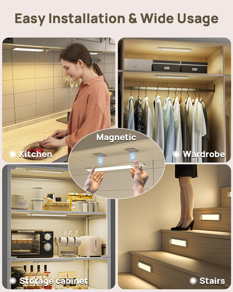 Under Cabinet Lights with Remote Control, USB Rechargeable Battery 180 Lumen Motion Sensor Indoor Light,5 Pack Wireless Under Counter Light,3 Color Dimmable Closet Lighting for Kitchen,Stairs,Wardrobe White 5 Pack
