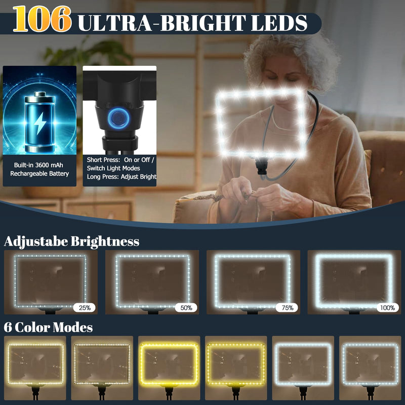 Extra Large 10X Magnifying Glass with Light Hands Free, 3600mAh Rechargeable Full Page Magnifier with Bag, 6 Color Modes 106 LEDs, Neck Wear Magnifier for Reading, Crafts, Sewing, Low Vision & Seniors