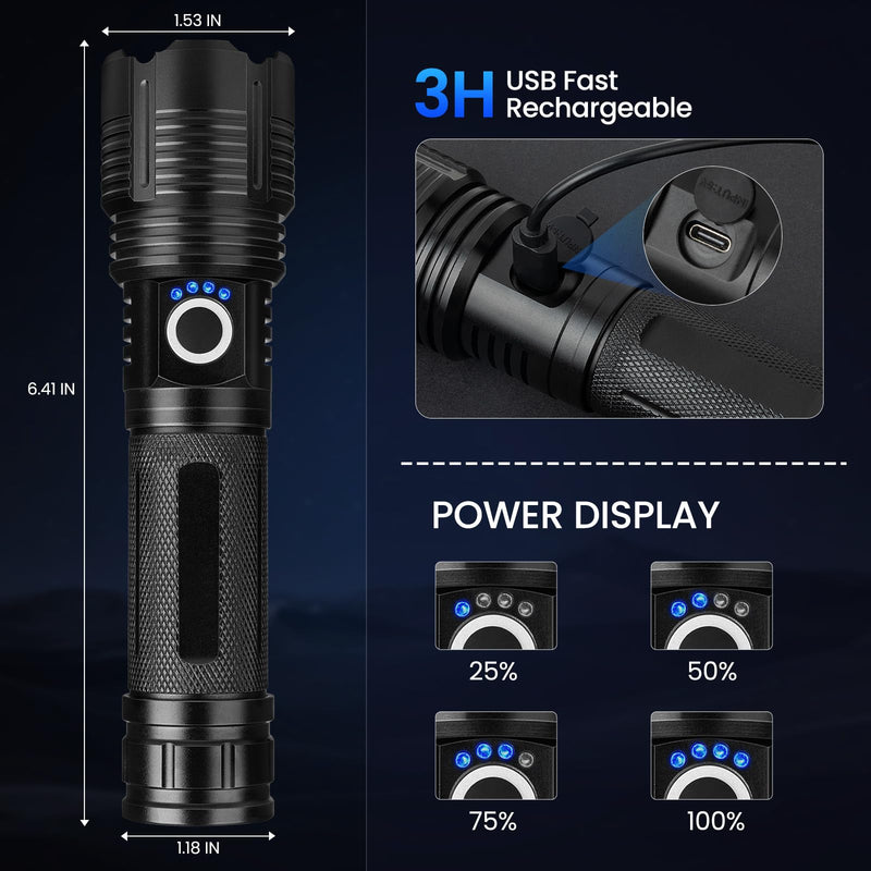 2 Pack Flashlight Rechargeable 99,000 High Lumen, Super Bright Rechargeable Flashlights for Home, 15H Long Life LED Flash Light with 5 Light Modes, IPX7 Waterproof for Outdoor, Camping