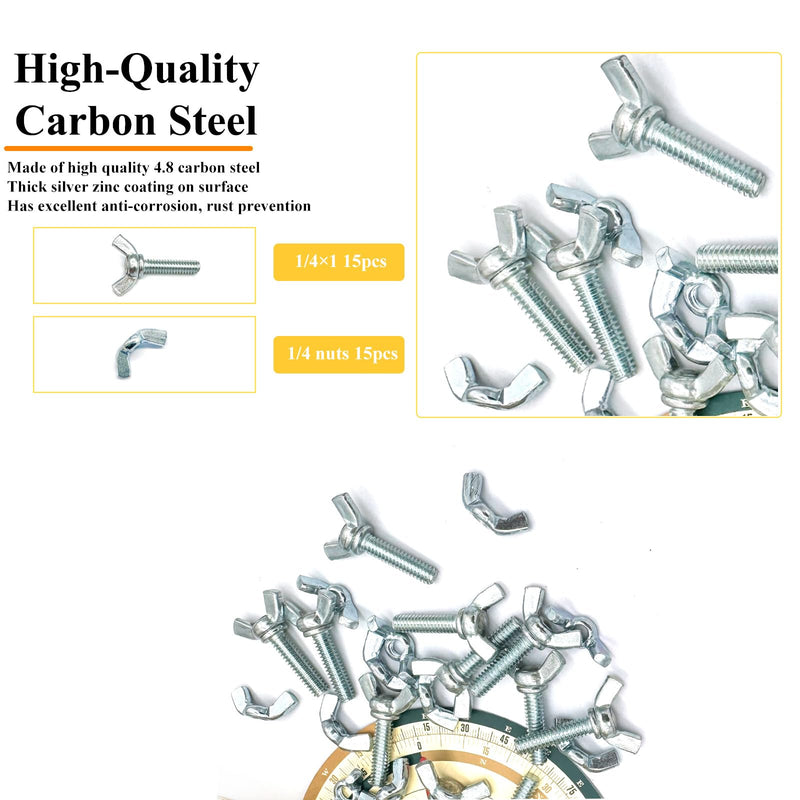 30 Pcs 1/4"-20 x1 Wing Screw Bolts and Wing Nut Kit Butterfly Screws and Nut with Hand Twist Tighten Wing Head Zinc Plated Hardware Fitting Fastenings Assortment Kit Silver 15 Sets 1/4"-20 x1" WingScrews&WingNuts