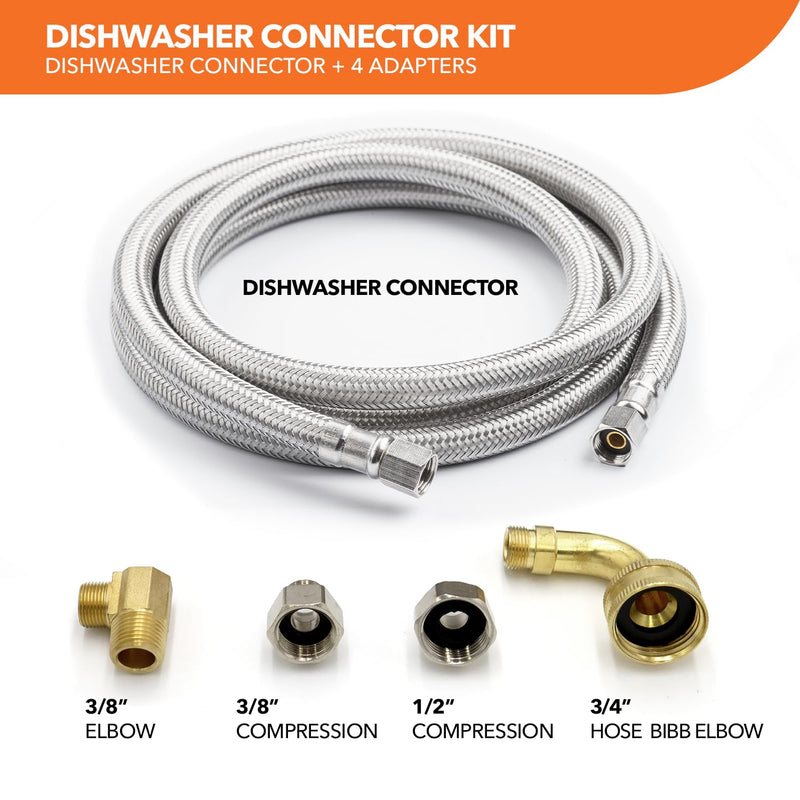 Universal Dishwasher Hose Kit, 3/8" x 3/8" Compression, 6ft long Braided Stainless Steel Hose + 3/4" Hose Bibb Elbow + 3/8" Compression Elbow + 3/8" Compression Adaptor + 1/2" Compression Adaptor Dishwasher Kit 3/8"Cx3/8"C + Elbows (2) + Adapters (2)
