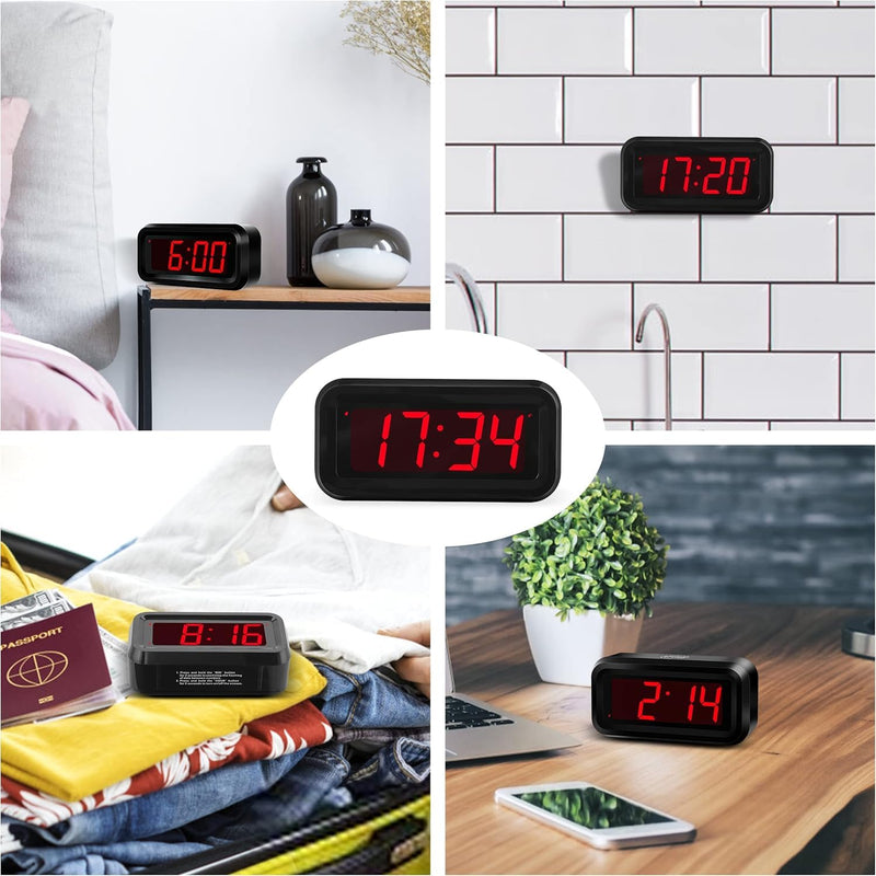 Alarm Clock, LED Digital Clock, Small Wall Clock, Battery Operated, Adjustable 3-Level Led Brightness, Dim Night Mode, 12/24Hr, Cordless, Constantly 1.2'' Digits Display for Bedroom/Travel,Easy to Set Black Case-red Led
