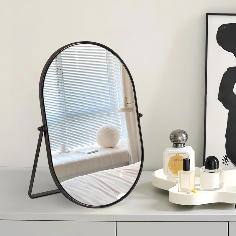 Makeup Mirror Portable Vanity Tabletop Mirrors with Metal Frame Desk Table Mirror with 90°Adjust Rotate Good for Bedroom Bathroom Dressing Room 12"L x 10"W Oval-black