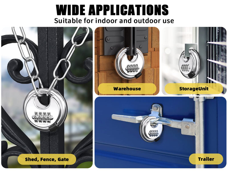 DELSWIN 4 Digit Combination Lock Disc Padlock with Hardened Steel Shackle Outdoor Combo Lock for Outdoor Gate Sheds,Storage Unit,Garage,Fence,Gym Locker(2 Pcs) Silver