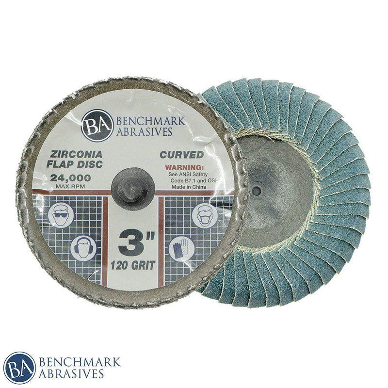 Benchmark Abrasives 3" Quick Change Zirconia Flap Disc Curved Grinding Wheel w/Male R-Type Back Design - Cleaning Finishing Deburring of Irregular Surfaces for Die Grinder & More (10 Pack) 120 Grit