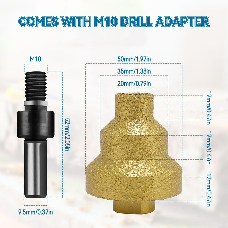 2Pcs Diamond Step Drill Bit 20/35/50mm – M10 Thread for Angle Grinder & Drill, Cuts Marble, Granite, Tile, Concrete – 3-in-1 Hole Opener with Adapter