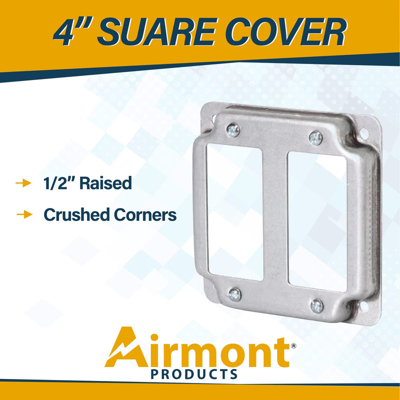 AP-12094, 4" Square Double Decora Switch Electrical Box Cover, 1/2" Raised, Exposed Work, Galvanized Steel, Crushed Corners, 2-Gang 2-Gang Decora Switch