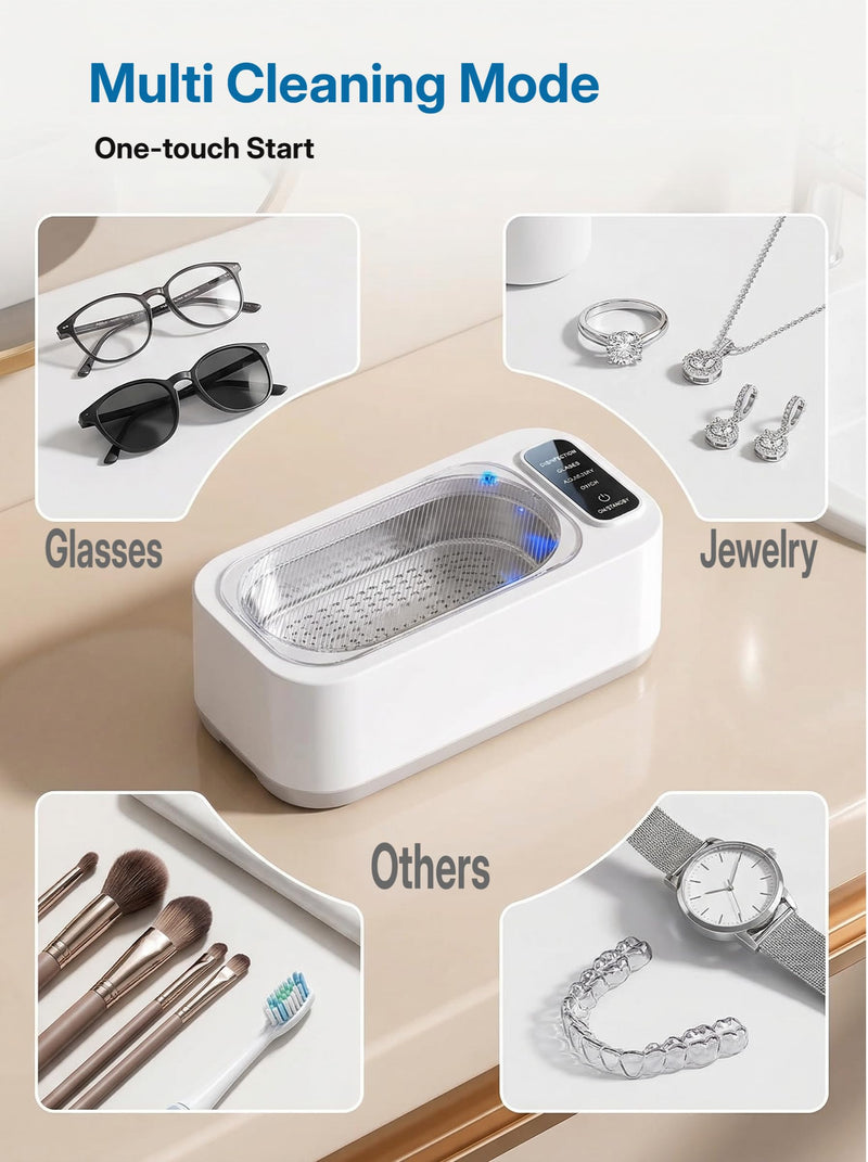 Ultrasonic Jewelry Cleaner 304 Stainless Steel Tank Ultrasonic Cleaner Machine for Razors,Eyeglasses,Watch Straps,Rings,Lighting-Assisted Cleaning Function