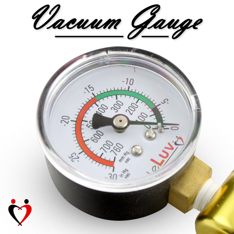 LeLuv Ultima Vacuum Pump Handle - Brass Chamber with Blue Padded Rubber Grips - Gauge Installed Brass + Black Metal