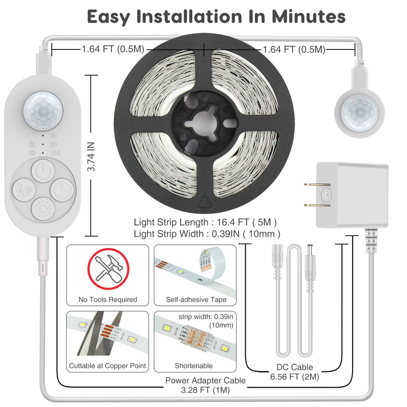 Dual Motion Sensor Light Indoor - Plug-in Motion Activated Step Stair LED Strip with Double Sensors, Dimmer and Timer for Stairway, Bedroom, Corridor (Warm White 3000K 16.4FT Light Strip) Power Adapter + 6.56FT DC Cable