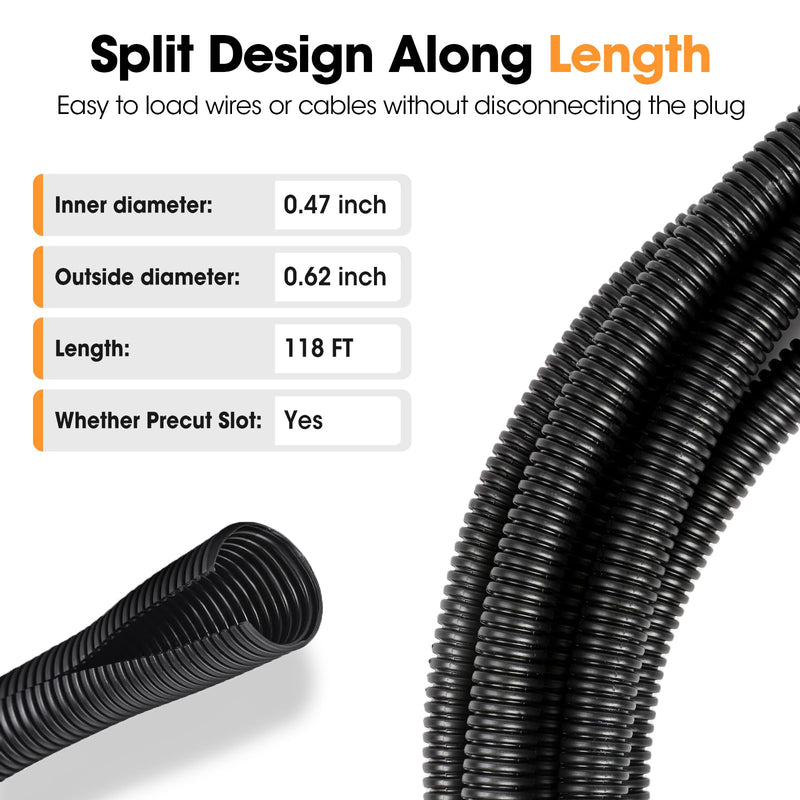 118 FT Wire Loom 1/2 Inch, Split Wire Loom Tubing Wire Conduit, Wire Protector Tubing – Black 1/2" x 118ft
