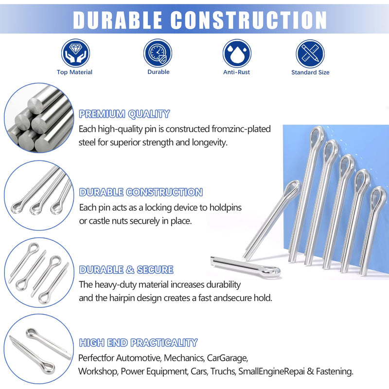 Cotter Pin Assortment, 400 PCS Hairpin Cotter Pins, Split Pin Fastener Clips, Straight Hairpins, Holds Pins or Castle Nuts in Place (Zinc Plated Steel) 400PCS Hairpin Cotter Pins