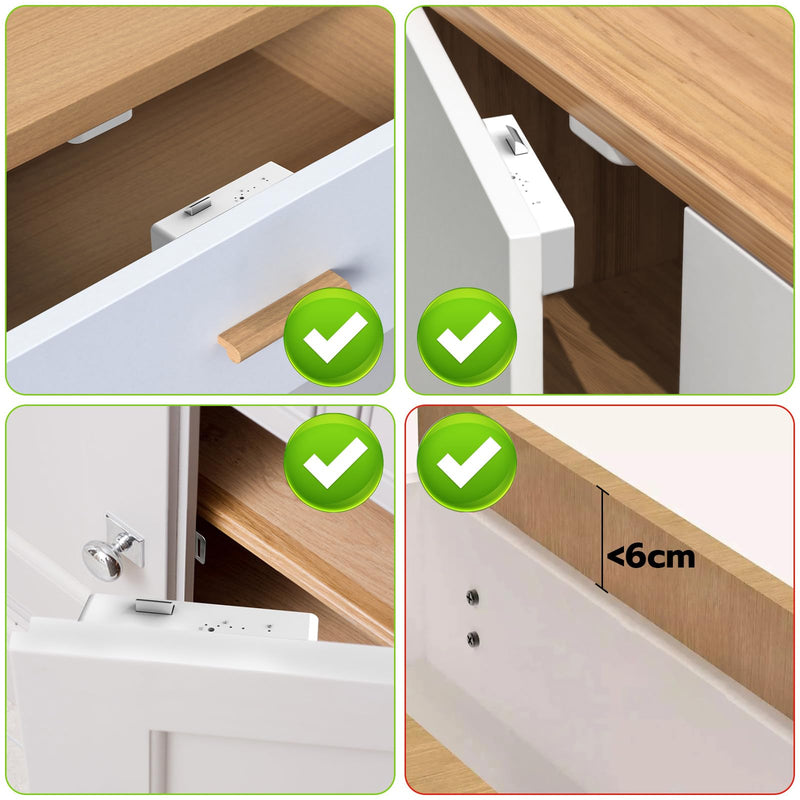 Cabinet Lock RFID Card NFC eLinkSmart Slim Hidden Double-Layer Drawer Lock Child Safety Cupboard Door Lock for Liquor File Kitchen Pantry Furniture Support Phone or Watch App No Drilling White Slim-White