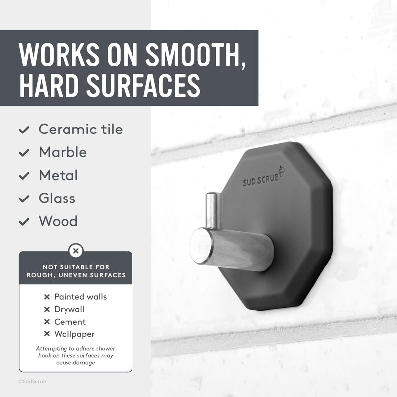 Sud Scrub® Antimicrobial Shower Hook, Self Adhesive Hooks for Shower Wall, Heavy Duty Removable Wall Hooks, Stick On Hooks for Hanging, Bathroom Towel Hook (Charcoal) Charcoal