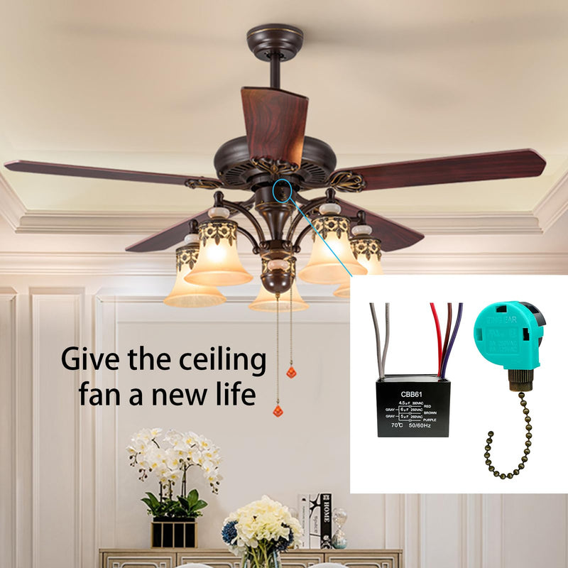 YukiHalu Ceiling Fan Pull Chain Switch 3 Speed 4 Wire, Ceiling Fan Capacitor CBB61 4.5uf + 6uf + 5uf 5 Wire 250V, Light Switch for Fan and Light (Antique) Antique, 4.5+6+5uF