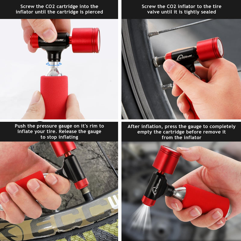 CO2 Bike Tire Inflator - Push-Button Presta & Schrader Compatible CO2 Bike Pump or 12X 16g Threaded CO2 Cartridges for Road Bikes, MTB, Hybrid Bikes With Pressure Gauge