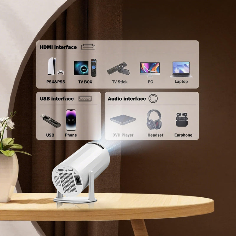 Mini Portable Projector Support 4K, 200 Ansi Outdoor & Home Movie Projector with WIFI and Bluetooth, Automatic Keystone Correction, 180°Rotatable, Compatible with HDMI USB PC Laptop