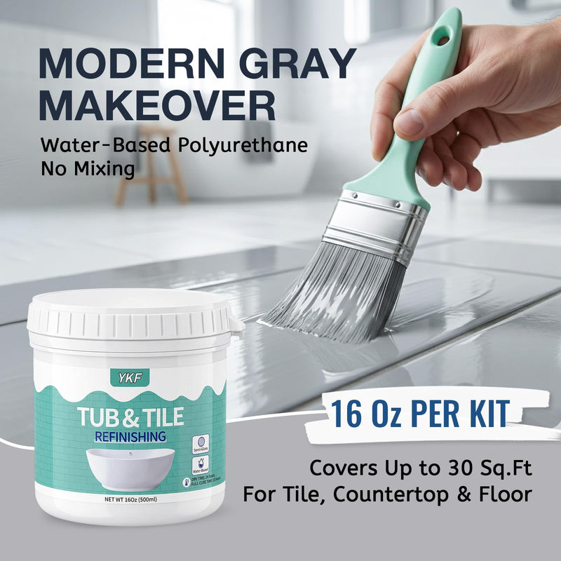 Tub and Tile Refinishing Kit - Light Gray Water-Based Polyurethane Paint - Odorless DIY Resurfacing for Floor Tiles, Countertops, Vanities & Shower Walls - No Mixing, Scuff-Resistant & Washable Semi-Gloss Finish (Modern Concrete Look) (16 oz)