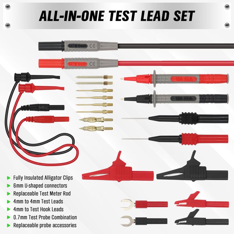 SWANLAKE 27-Piece Multimeter Test Leads Set, CAT.III 1000V / CAT.IV 600V Multimeter Probes with Alligator Clips, Needle Probe, Replaceable Probe Accessories, Soft PVC Volt Meter Lead 27PCS