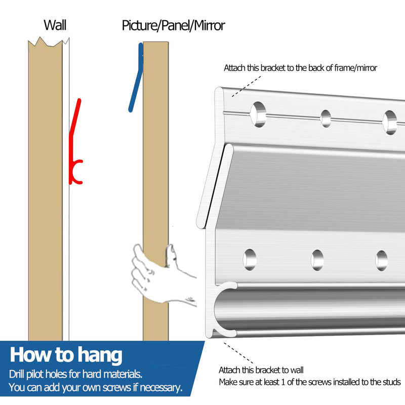 French Cleat Hanger Heavy Duty 18" - 2 Pack - Mirror Hanging Brackets Hardware Kit - Aluminum Wall Hangers for Pictures, Cabinet, Panels, White board,Art, Shelf,Headboard Frame
