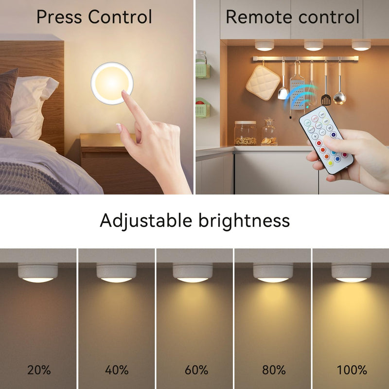Puck Lights with Remote Control, Battery Operated LED Push Lights Wireless, 13 Color RGB - for Closet, Bedroom Wall, Under Cabinet, Battery Powered Puck Lights. Convenient 3M Stick On, 6 Pack 6-packs White