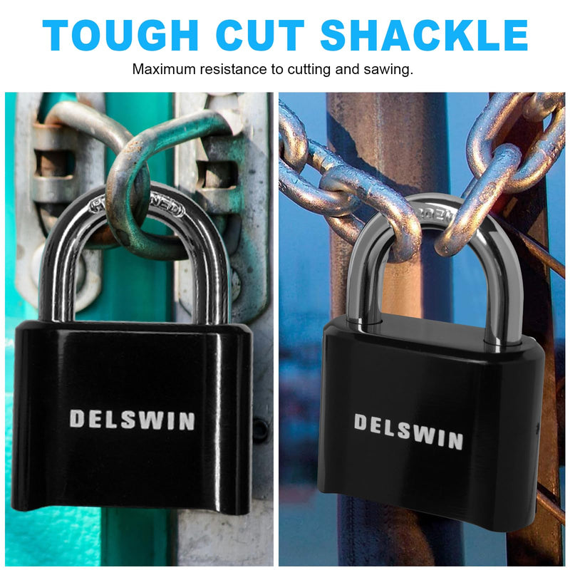 DELSWIN 4-Digit Combination Lock Outdoor Padlock - Heavy Duty Locker Lock with Hardened Steel Shackle, Waterproof Combo Lock for Gym Locker, Hasp Storage, Shed, Fence, Gate (Black,1Pcs) Charcoal Black 1 Piece