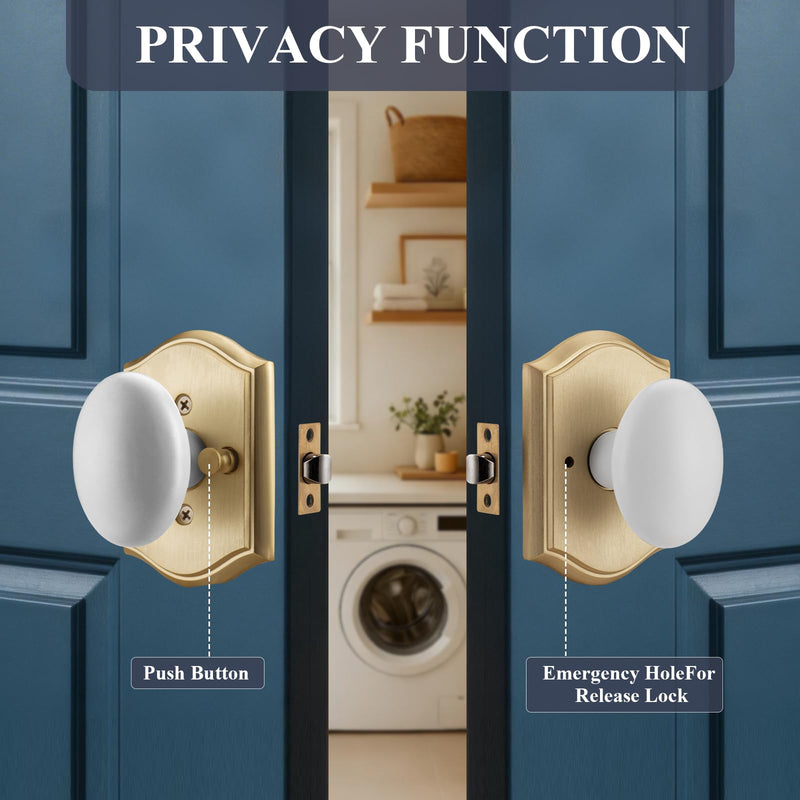 Gold Oval Door Knobs Interior with Lock for Privacy | Zinc Camelot Trim, Egg Knob Style for Bath & Bedroom 1 Gold & White