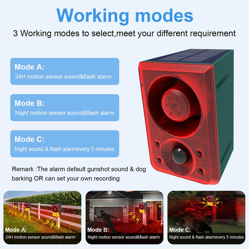 ChunHee Solar Outdoor Motion Sensor Alarm with Dog Barking Gunshot Sound, Support Recording and Adjustable Volume, 130db Loud Noise Maker 3 Work Modes Strobe Light for Home, Villa, Farm, Barn (2pack) 2pack
