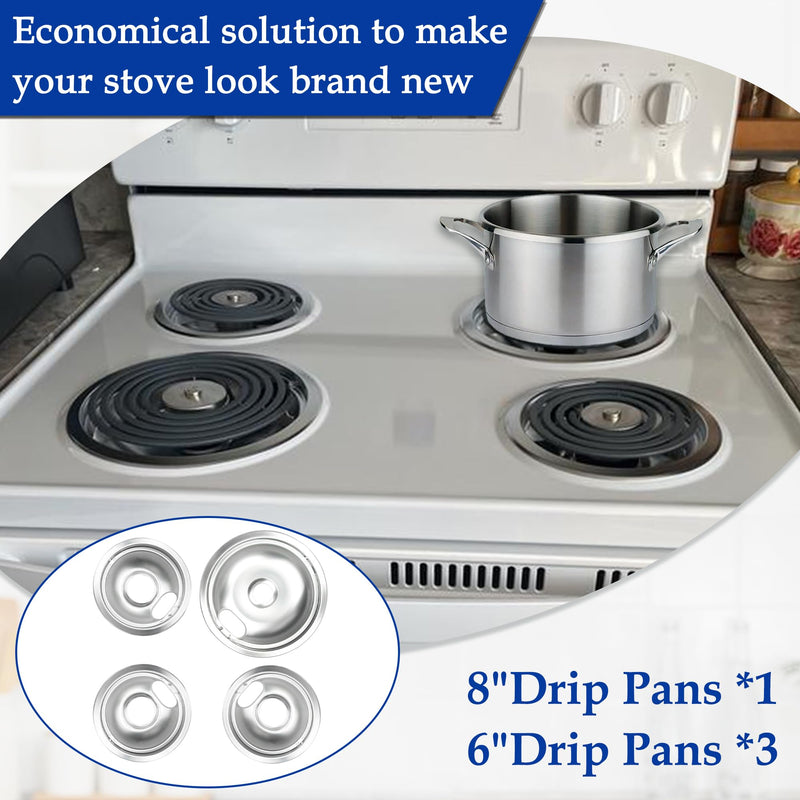 Stove Burner Covers,Chrome Replacement Drip Pans for Frigidaire Kenmore 316048413 and 316048414,4 pcs (3x6" and 1x8") drip pan 31