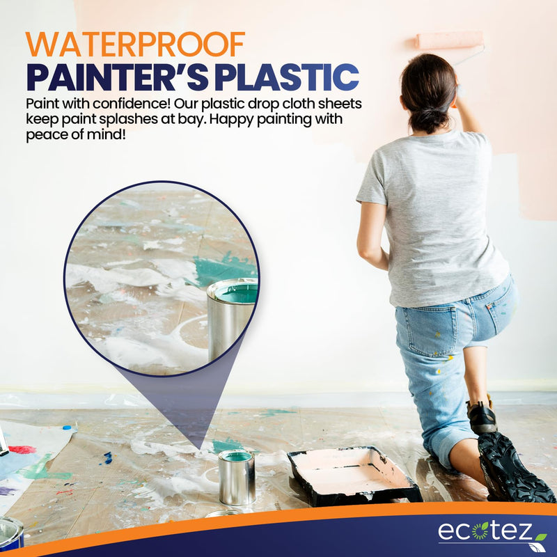 6 Pack 12 x 9 ft Extra Large Painter's Drop Cloth - Light & Durable Dust Cover - Clear Plastic Sheet - Paint Drop Cloth - Plastic Floor Protector 0.4 Mil - 6 Pack