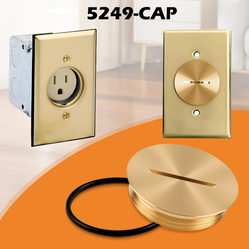 2PCS 5249-CAP Brass Floor Outlet Cover w/O-Ring for Leviton 5249 5349 5250 | Polished Brass Screw Cap with 2 Sets of O-Rings, for Leviton 5249 Single Outlet Box, Cap Diameter 1.73", Thread OD 1.56"