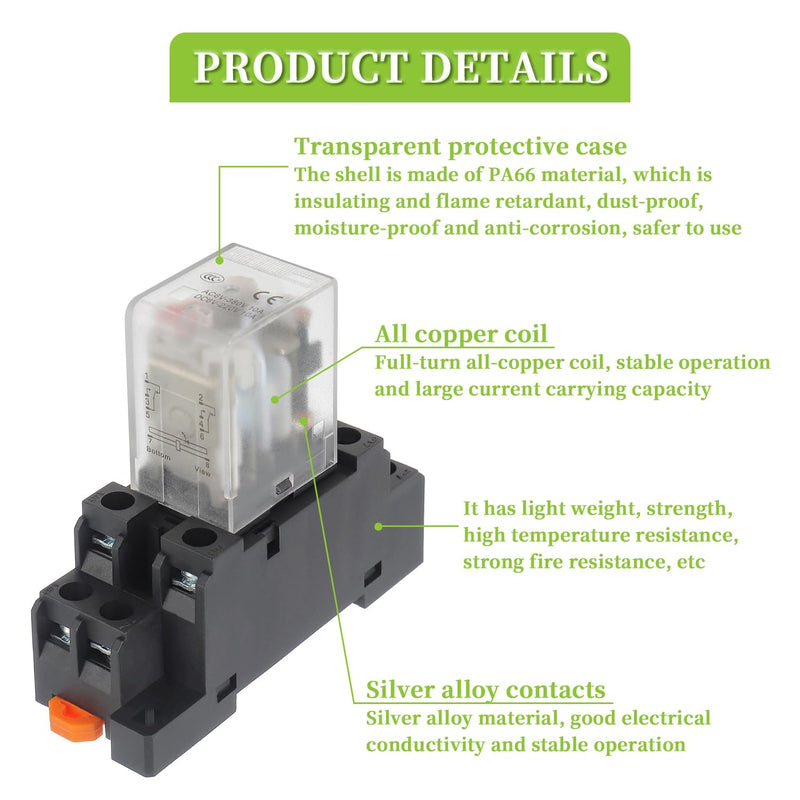 DC 12V Electromagnetic Power Relay JQX-13FL 62PL Coil 8 Pin 10A DPDT LED Indicator with Plug-in Terminal Socket and DIN Slotted Aluminum Rail 8Pin-10A-DC12V