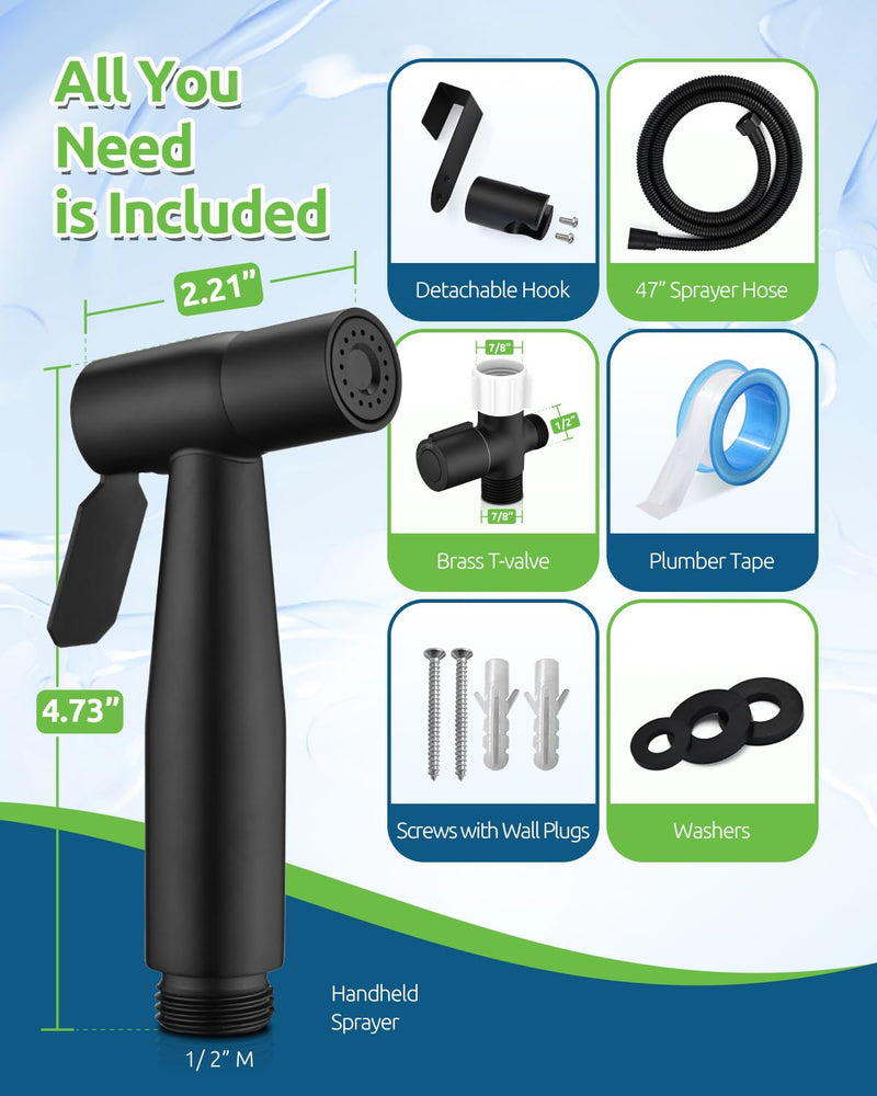 Black Bidet Sprayer for Toilet, Muslim Shower Handheld Jet Sprayer Adjustable Water Flow with Bidet Hose for Feminine Wash, Black Bidet Faucet Cloth Diaper for Baby Wash, Wall/Toilet Mount 1 SET Matte Black