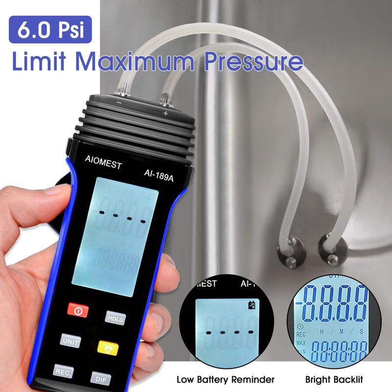 AIOMEST Digital Manometer Gas Pressure Tester ±2 psi / ±13.79 kpa, Dual Port Air Flow Pressure Gauge AI-189A for HVAC Gas Furnace