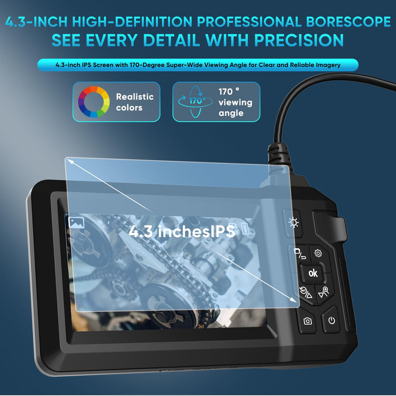 Industrial Endoscope Borescope with Light, 8mm Dual Lens 1080P HD IP67 Waterproof Snake Camera with 4.3" LCD, 8 LEDs & Semi-Rigid Cable - Inspection Tool for Industrial Use (32GB Included) 32.81 ft